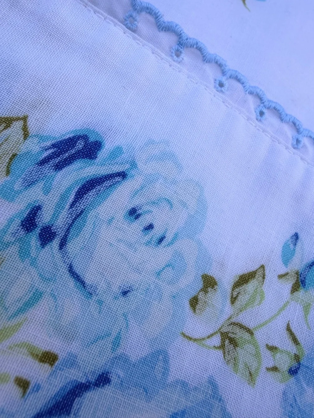Vintage Blue Floral Flat Sheet Cottagecore‎ Bedding Shabby Chic Fabric Full size